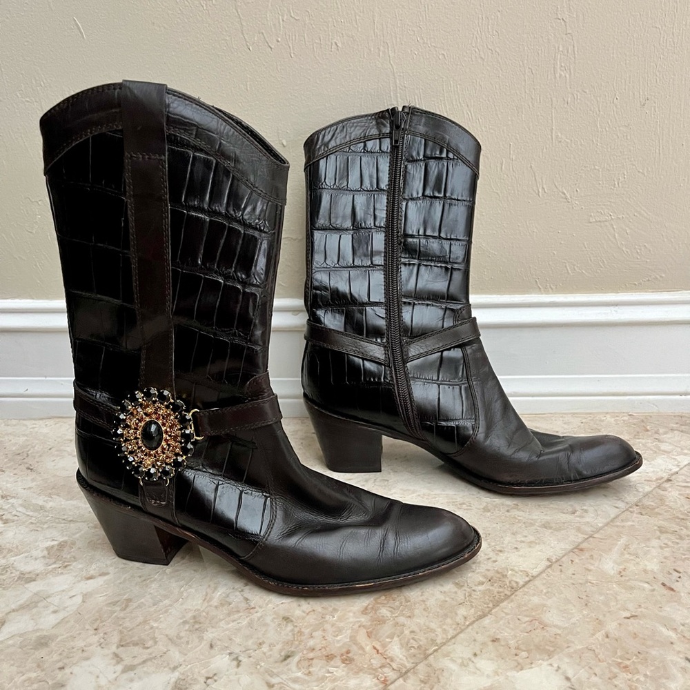 Stuart Weitzman dark brown cow boy boots crocodile pattern with gems siz…